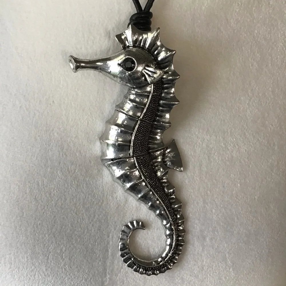 Seahorse Statement Necklace Black Cord Rhinestone Eye Reticulated Florida Beach